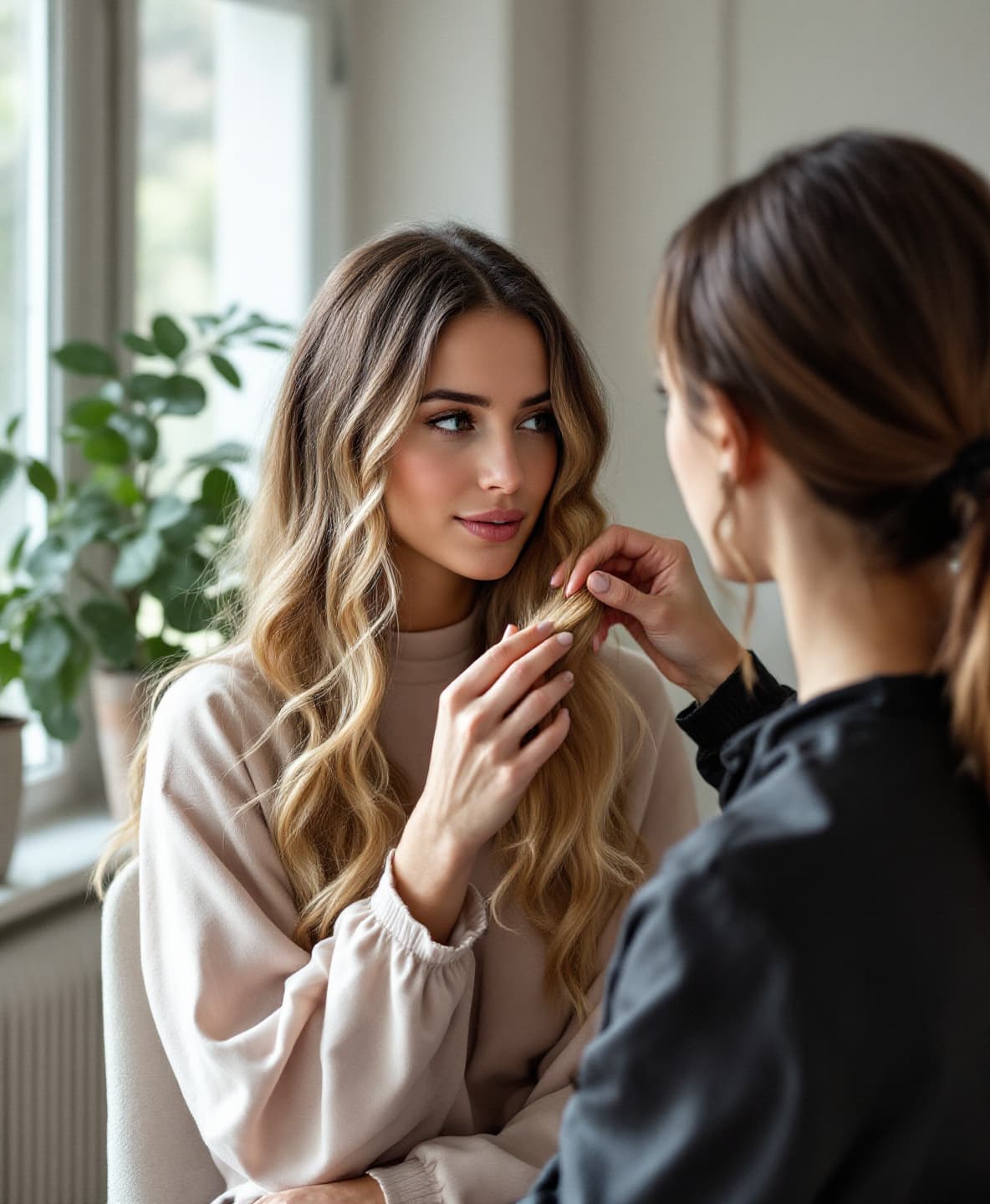 A stylist gently holds a section of a client's long wavy hair as they talk through her consultation