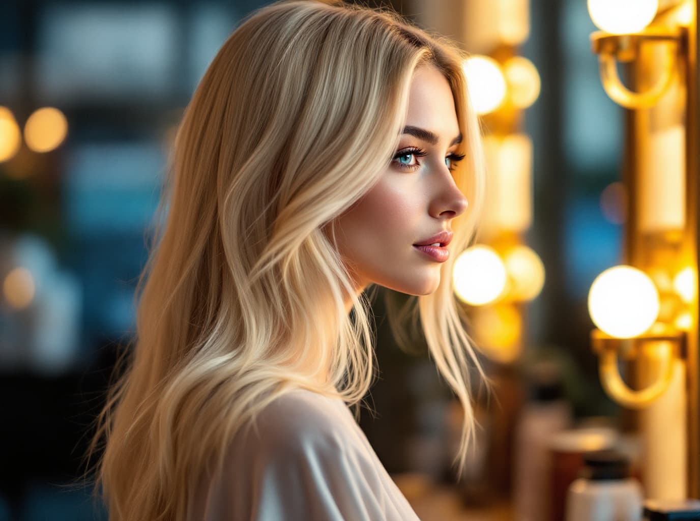 A woman with smooth, luminous champagne blonde hair seen in profile in a softly lit studio