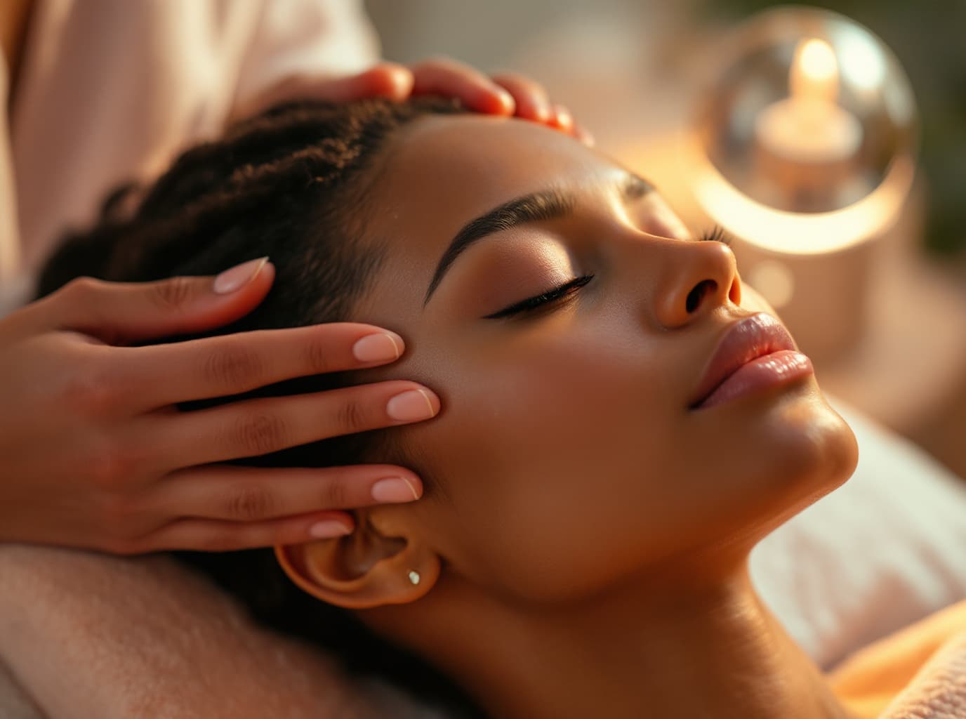 A woman with eyes closed as a therapist's hands massage her temples during a restorative scalp ritual
