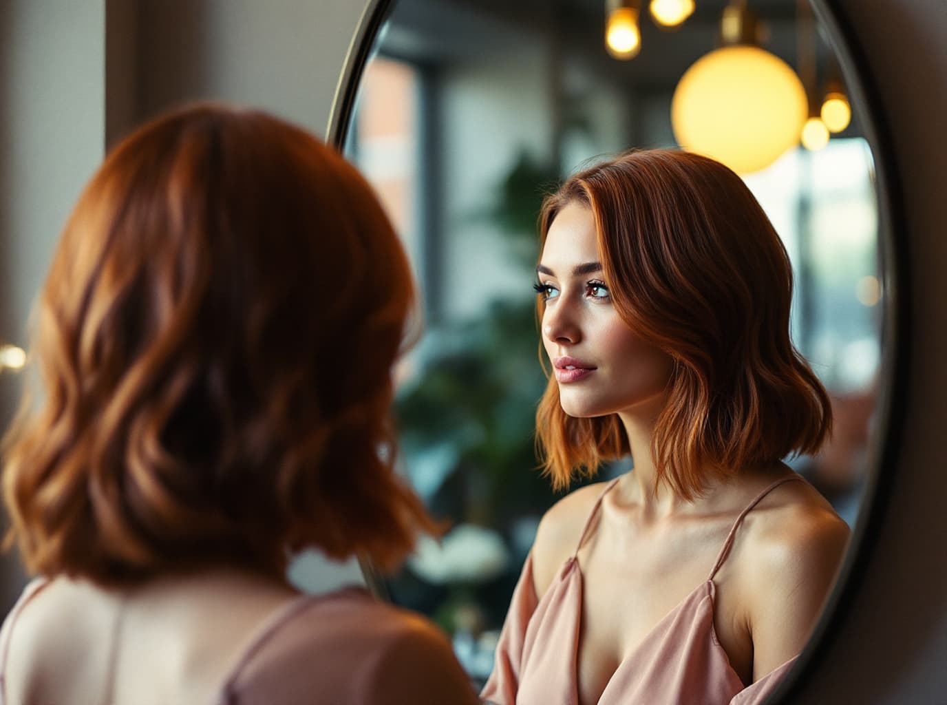 A woman with a glossy copper lob studies her new color in a round brass mirror