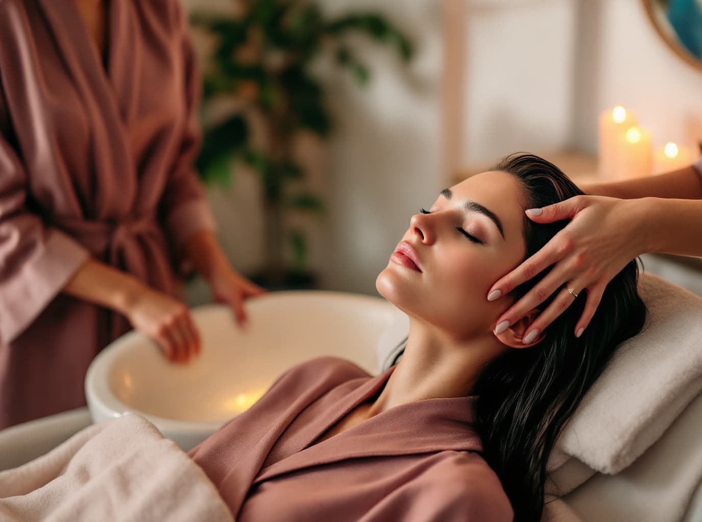 A woman in a mauve robe reclines at a basin, eyes closed, as a stylist massages her scalp by candlelight