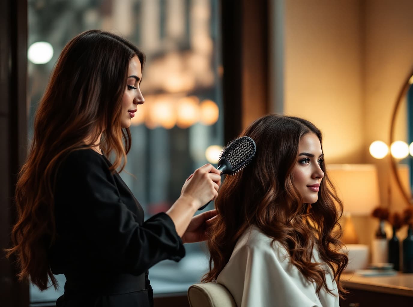 In warm evening lamplight, a stylist finishes a voluminous blowout on long chestnut hair