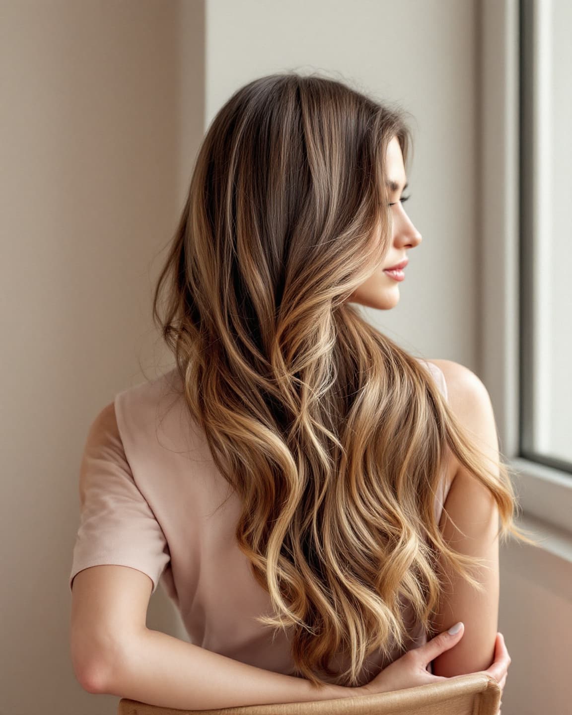 A woman seated by a tall window, her long, glossy brunette hair falling in soft waves of caramel balayage