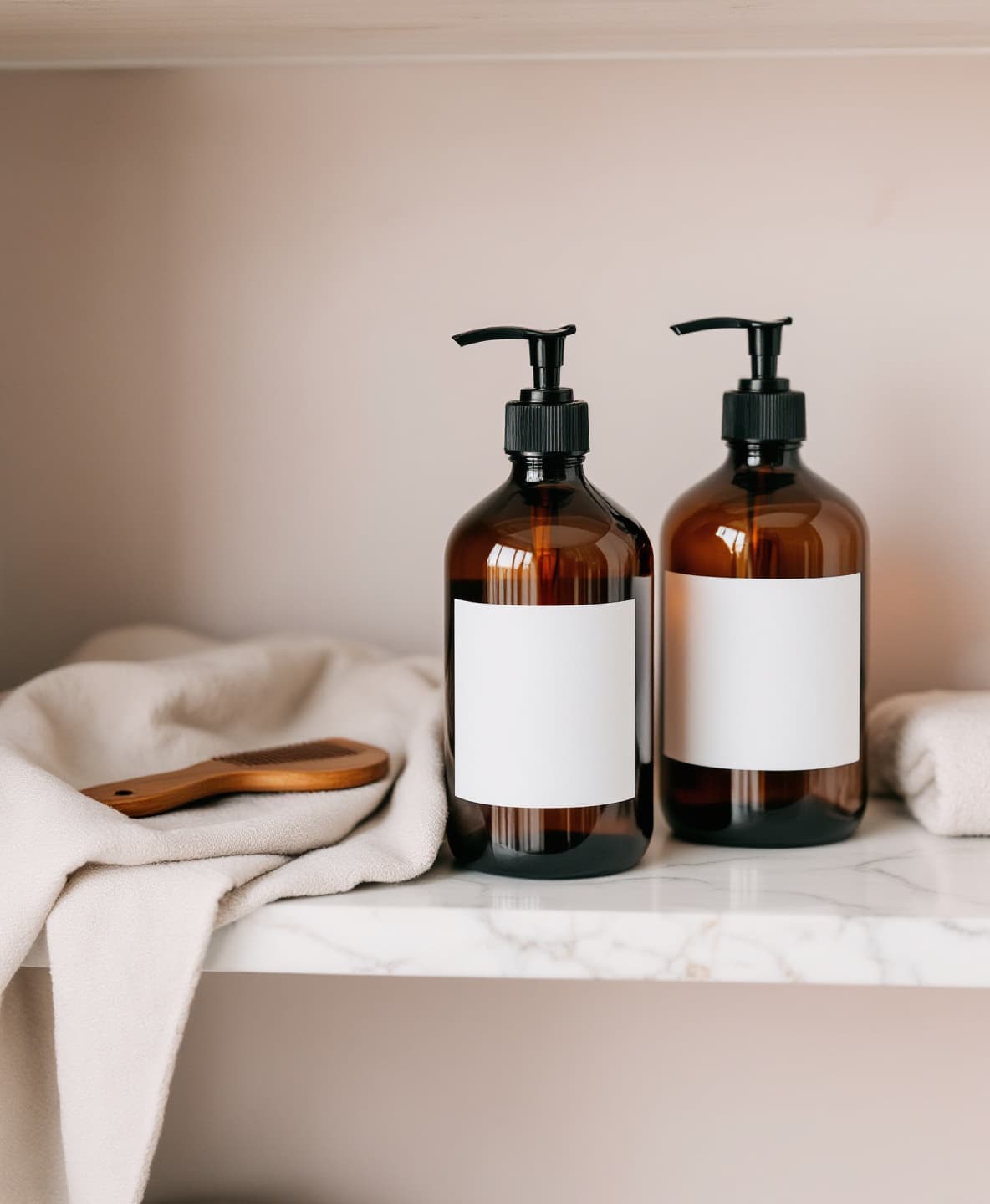 Amber glass hair care bottles, a wooden comb and a folded linen towel on a marble shelf