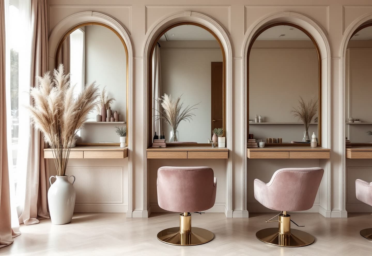The studio: ivory walls, arched brass-framed mirrors and blush velvet styling chairs in soft daylight