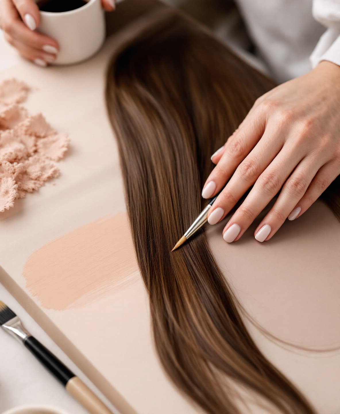 A colorist hand-painting balayage lightener onto long brunette hair laid across a board