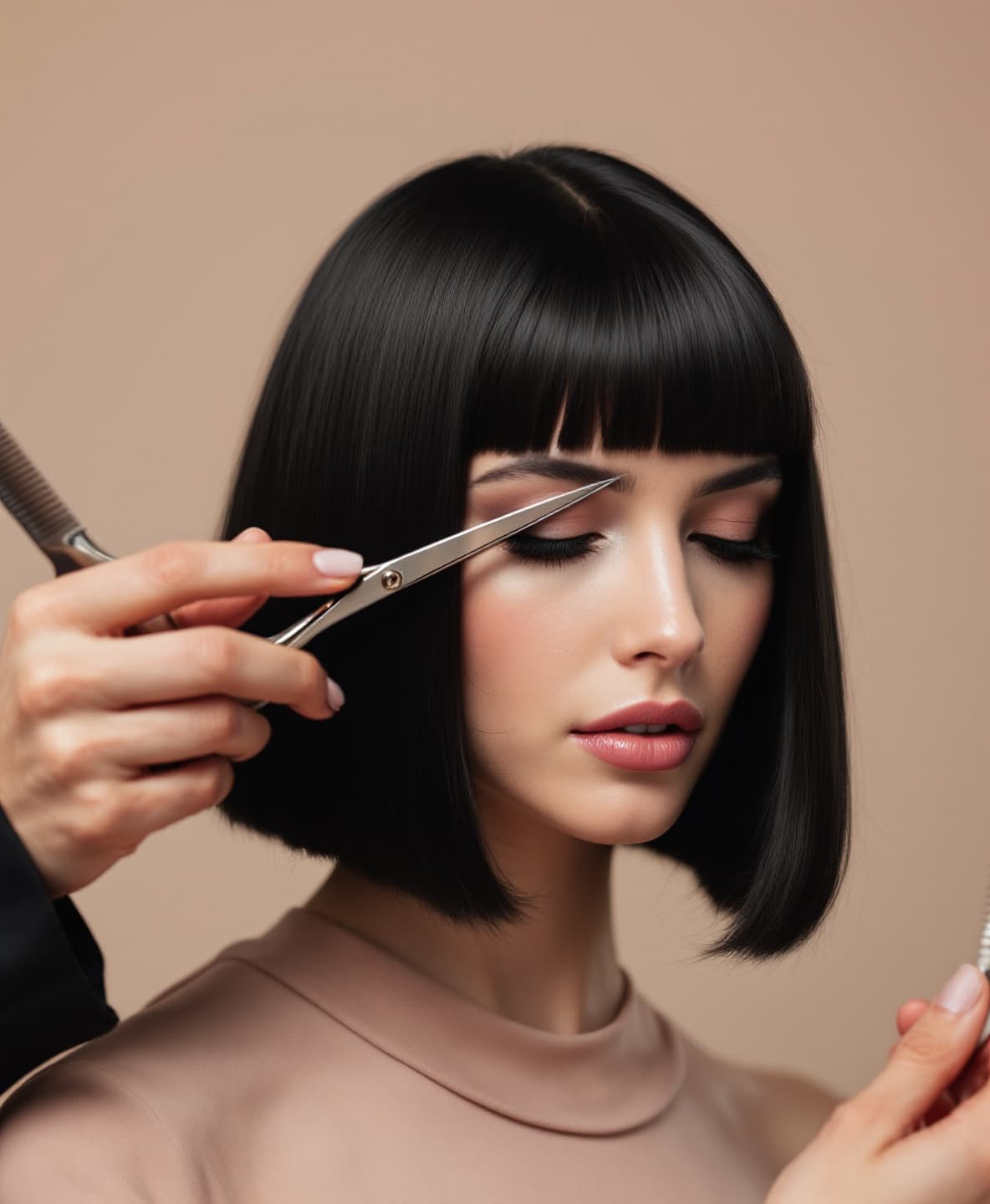 A stylist's hands cutting a precise blunt line into a sleek black bob with fine silver shears