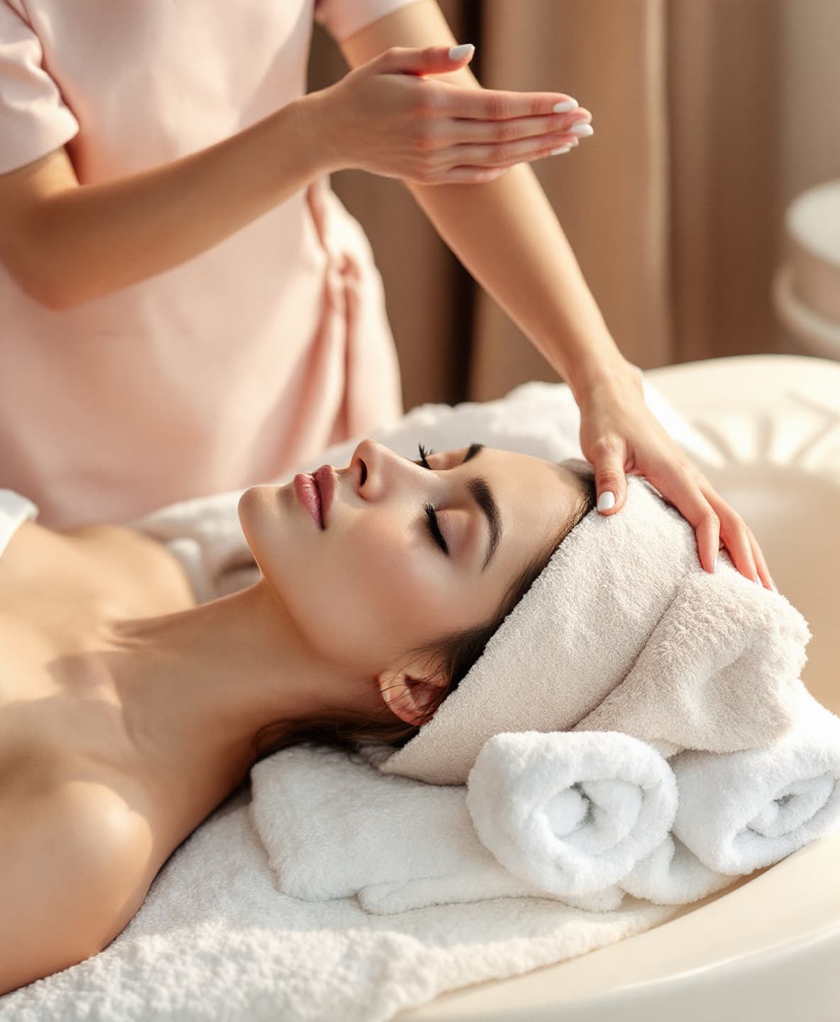A woman reclining with eyes closed while a therapist gently massages her scalp, wrapped in soft white towels